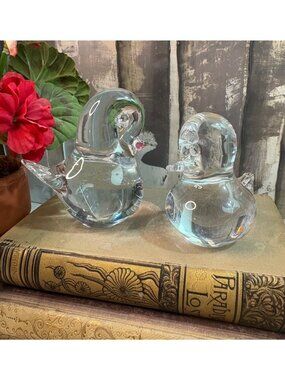 Vintage Granna Glas Swedish Hand Blown Clear Art Glass Bird Figurines PAIR